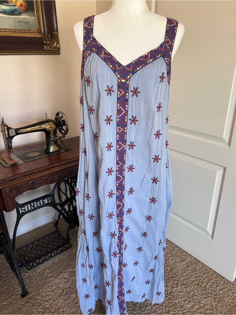 Sundance Boho Embroidered Light Blue Maxi Dress with Purple Trim